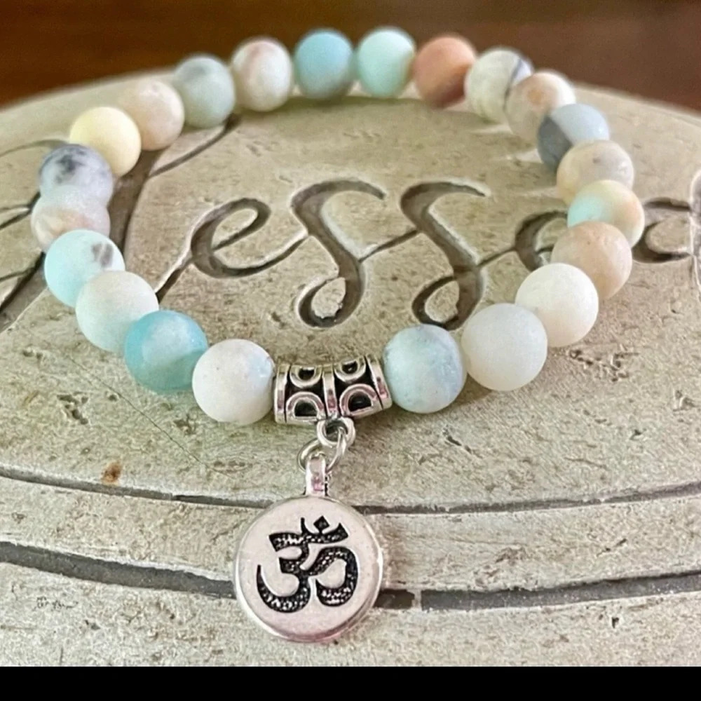 Beaded Amazonite Natural Stone Bracelet (8mm beads) With‎ Om Symbol Charm